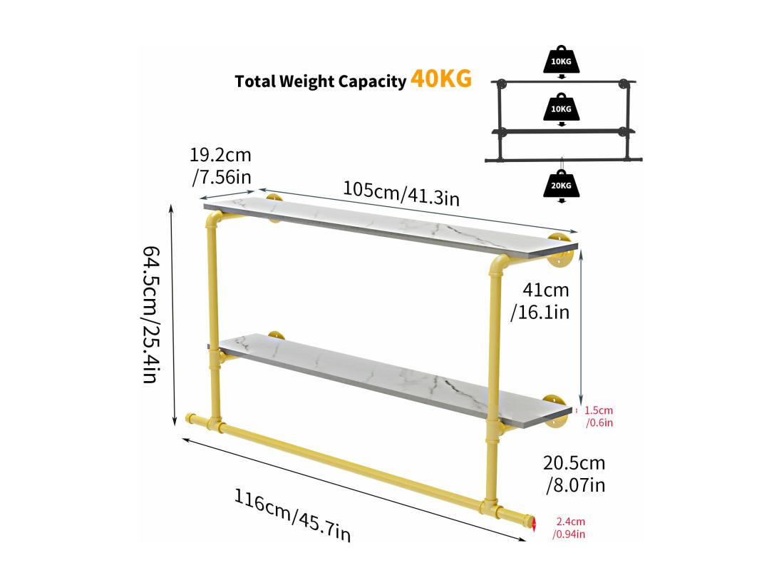 Vente Unique Penderie Vêtement Avec étagères Portant Vêtement Mural Tringle à Vêtement Suspendue Porte Manteau Design 116x20.5x64.5cm