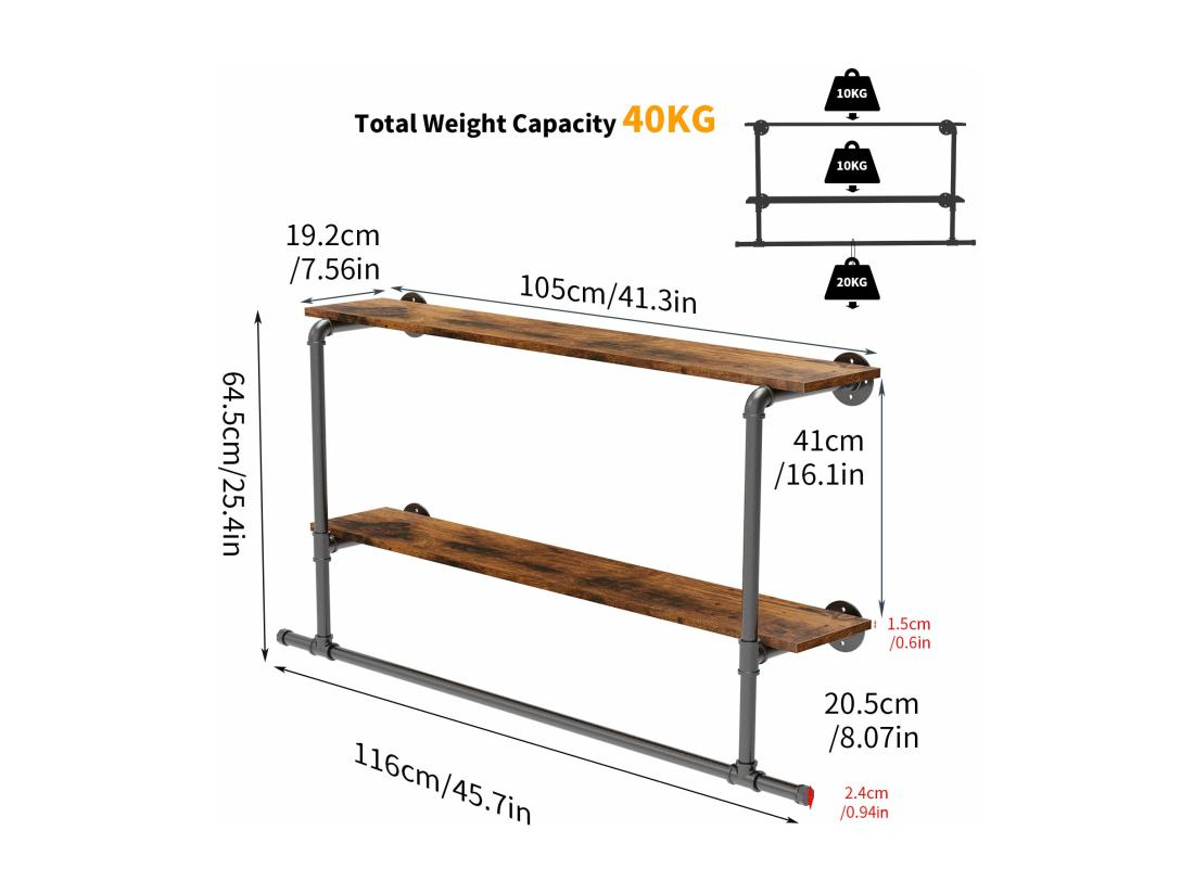 Vente Unique Penderie Vêtement Mural Avec étagères Portant Vêtement Suspendue Tringle à Vêtement Design Porte Manteau 116x20.5x64.5cm