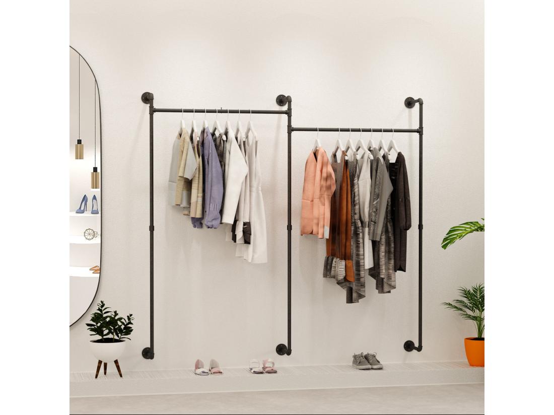 Vente Unique Penderie Vêtements Pour Dressing Mural Portant à Vêtement Industriel Suspendu Armoire Ouverte Design En Tubes 205x190cm