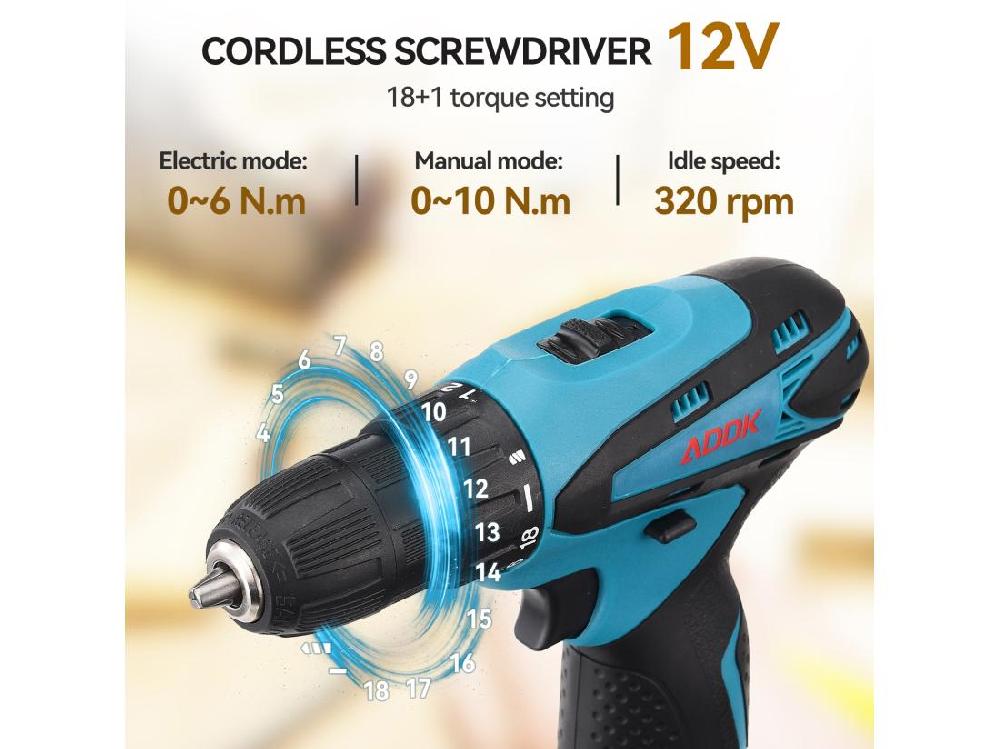 Vente Unique Perceuse Visseuse Sans Fil Avec Lumière LED- 12V - Deux 1.5Ah Batteries - 30 Accessoires - Moteur Brossé - Bleu