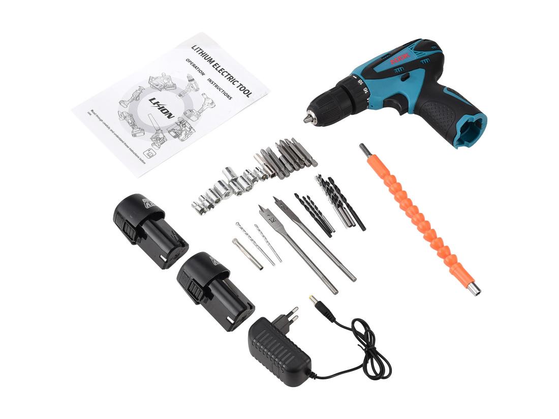 Vente Unique Perceuse Visseuse Sans Fil Avec Lumière LED- 12V - Deux 1.5Ah Batteries - 30 Accessoires - Moteur Brossé - Bleu