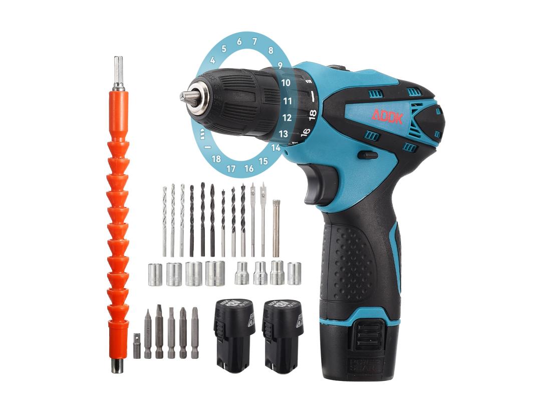 Vente Unique Perceuse Visseuse Sans Fil Avec Lumière LED- 12V - Deux 1.5Ah Batteries - 30 Accessoires - Moteur Brossé - Bleu