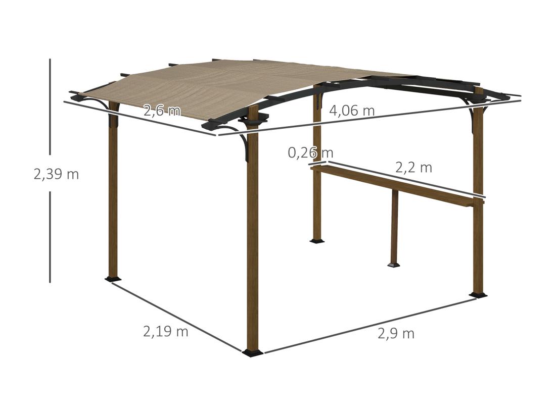 Vente Unique Pergola Avec Comptoir Toit Arche Alu Acier Aspect Bois Noir Toile Grège