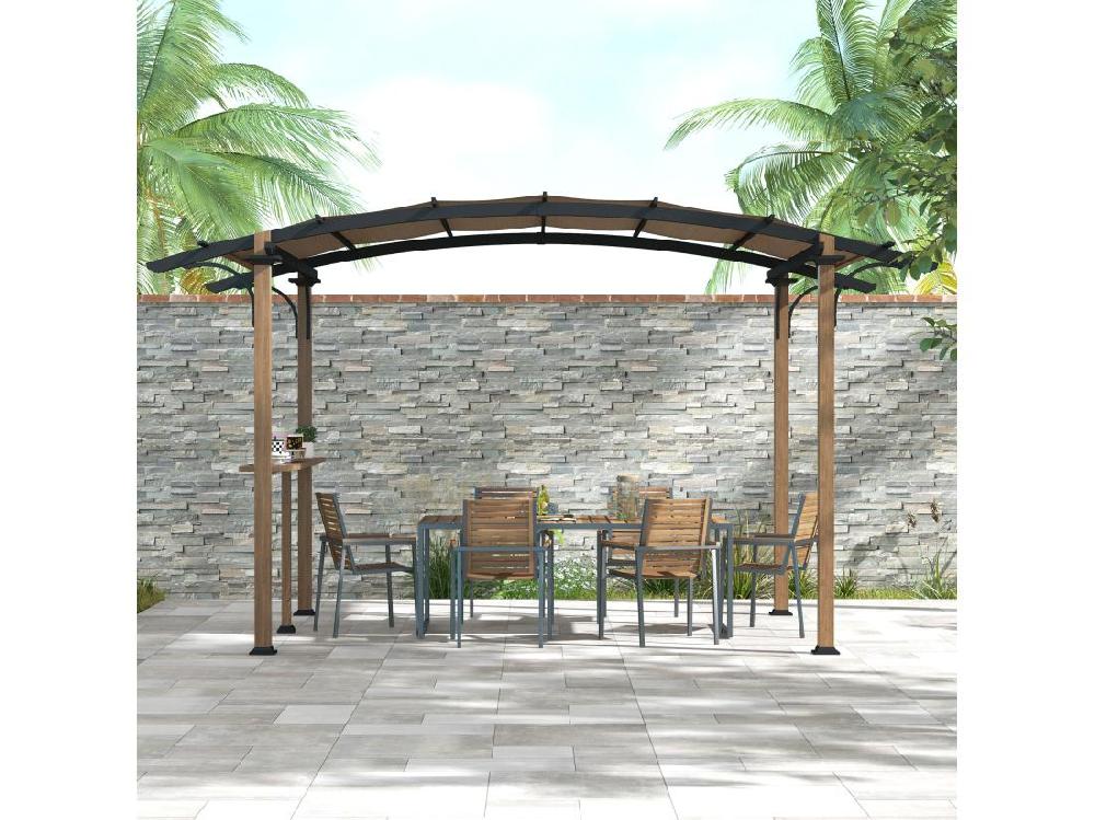 Vente Unique Pergola Avec Comptoir Toit Arche Alu Acier Aspect Bois Noir Toile Grège