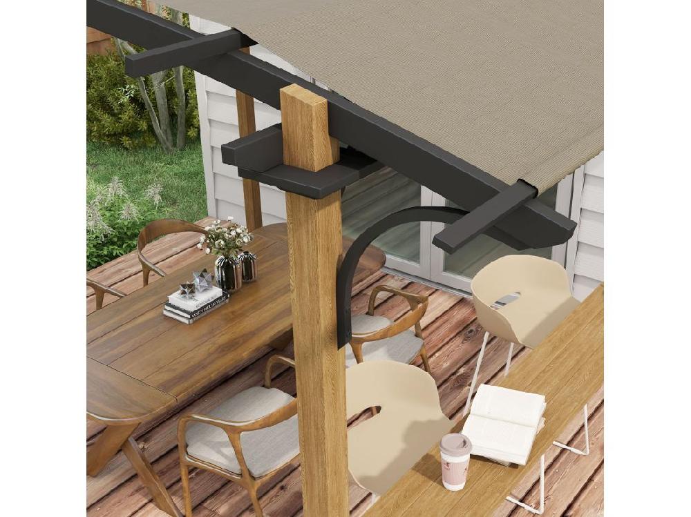 Vente Unique Pergola Avec Comptoir Toit Arche Alu Acier Aspect Bois Noir Toile Grège