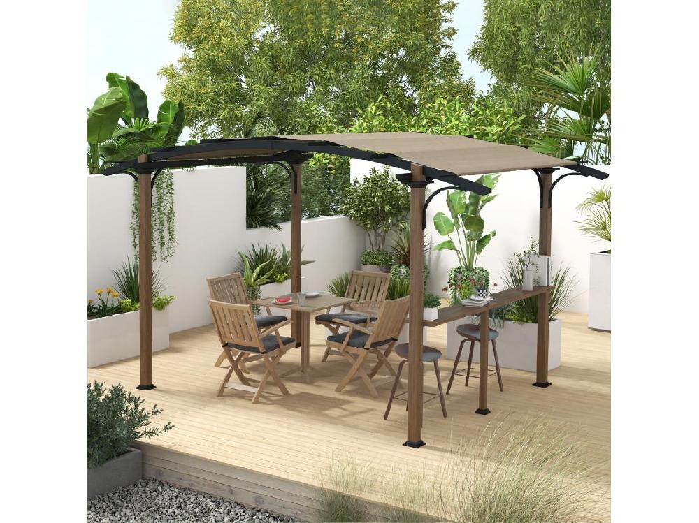 vente unique Pergola avec comptoir toit arche alu acier aspect bois noir toile grège