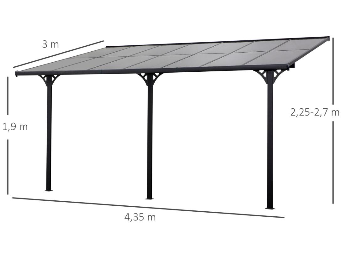 Vente Unique Pergola Rigide Alu. Polycarbonate Dim. 4 35L X 3l X 2 7H M Pavillon De Jardin Adossable Gris