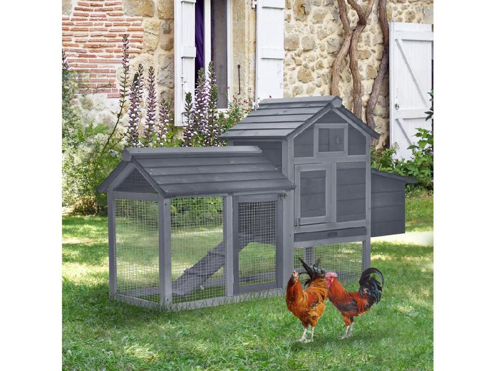 Vente Unique Petit Poulailler Cottage Cage à Poules Sur Pied Dim. 151L X 54l X 87H Cm Multi-équipement Bois Massif De Pin Gris