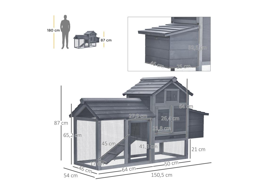 Vente Unique Petit Poulailler Cottage Cage à Poules Sur Pied Dim. 151L X 54l X 87H Cm Multi-équipement Bois Massif De Pin Gris