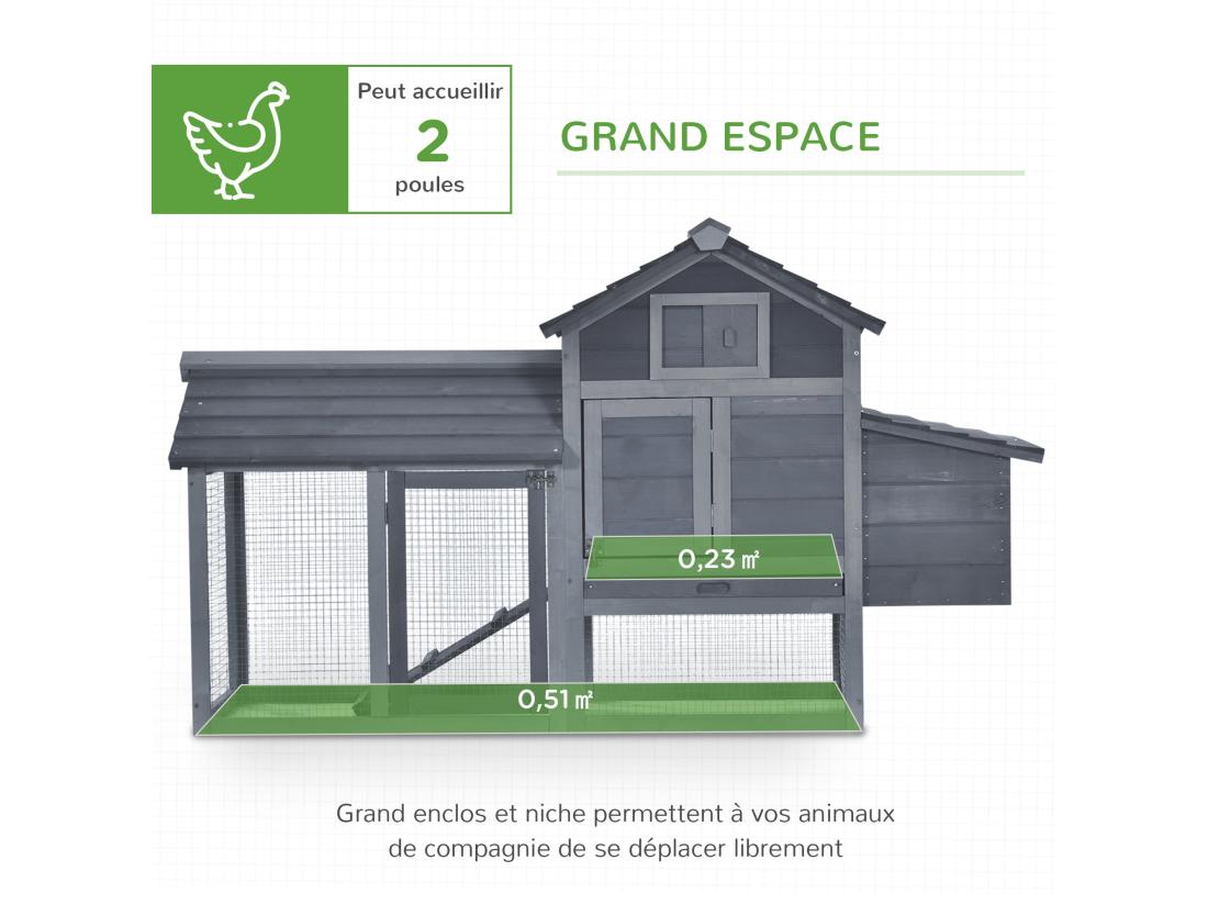 Vente Unique Petit Poulailler Cottage Cage à Poules Sur Pied Dim. 151L X 54l X 87H Cm Multi-équipement Bois Massif De Pin Gris