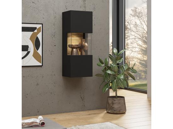 Vente Unique Petite Vitrine Suspendue 1 Porte Partiellement Vitrée Collection EVA. Couleur Noir Et Chêne