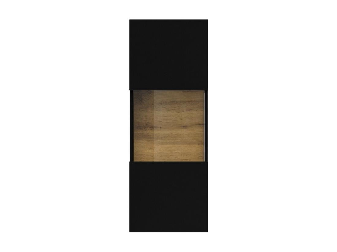 Vente Unique Petite Vitrine Suspendue 1 Porte Partiellement Vitrée Collection EVA. Couleur Noir Et Chêne