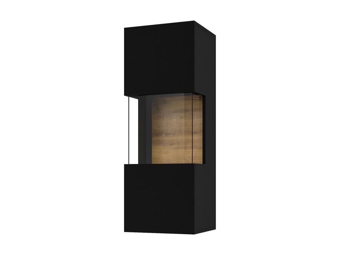 vente unique Petite vitrine suspendue 1 porte partiellement vitrée collection EVA. Couleur noir et chêne