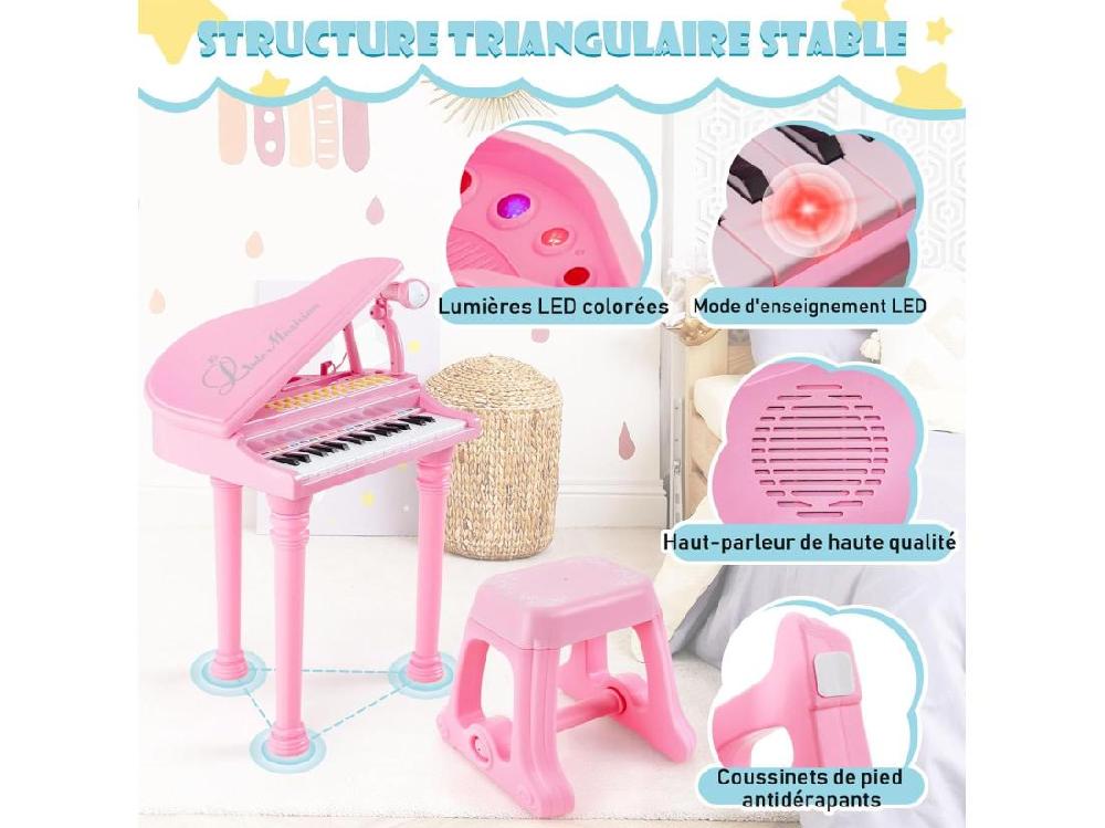 Vente Unique Piano Numérique 31 Touches Pour Enfants Avec Tabouret & Microphone Piano Electronique Portable Avec Mode D'Enseignement LED & MP3 Piano Enfants 3 Ans Charge 50kg (31 Touches Rose)
