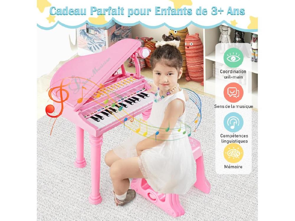 Vente Unique Piano Numérique 31 Touches Pour Enfants Avec Tabouret & Microphone Piano Electronique Portable Avec Mode D'Enseignement LED & MP3 Piano Enfants 3 Ans Charge 50kg (31 Touches Rose)