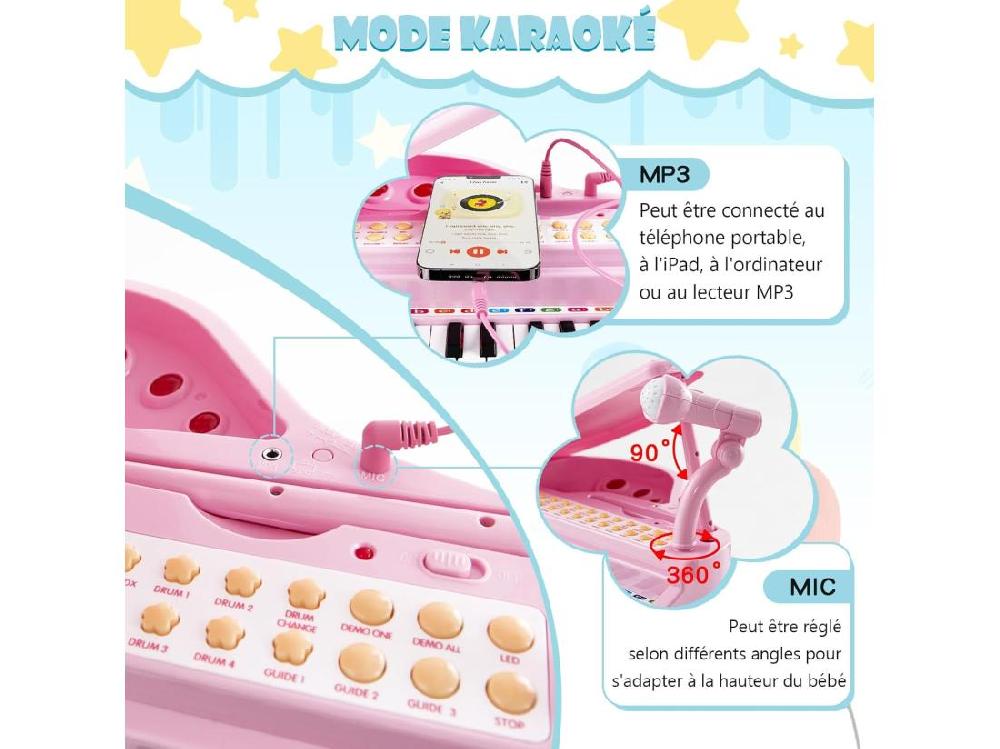Vente Unique Piano Numérique 31 Touches Pour Enfants Avec Tabouret & Microphone Piano Electronique Portable Avec Mode D'Enseignement LED & MP3 Piano Enfants 3 Ans Charge 50kg (31 Touches Rose)
