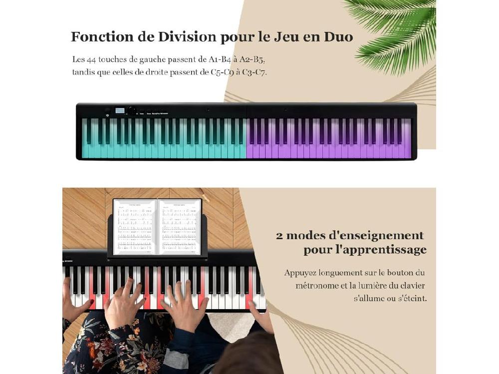 Vente Unique Piano Numérique Pliable à 88 Touches Avec Pupitre Clavier Electrique Portable Avec Touche Lumineuse 2 Modes D'Apprentissage MP3/USB/MIDI 3 Ans+ Noir