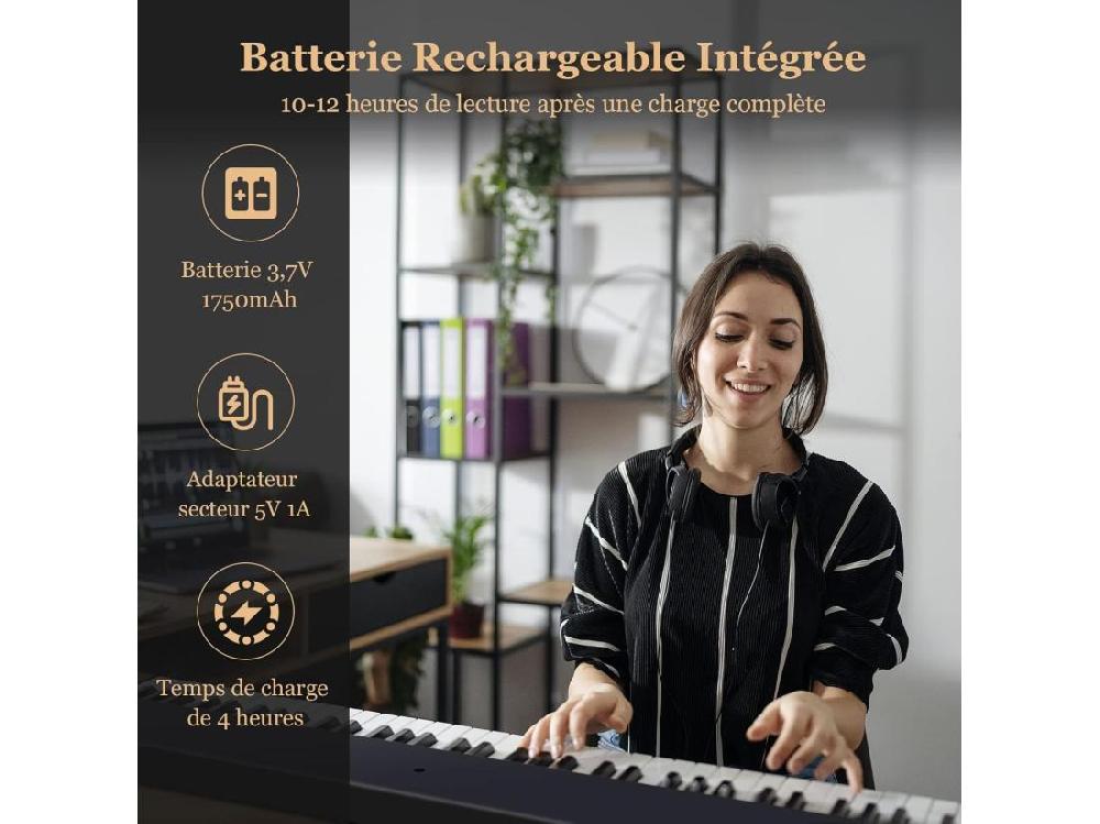 Vente Unique Piano Numérique Pliable à 88 Touches Avec Pupitre Clavier Electrique Portable Avec Touche Lumineuse 2 Modes D'Apprentissage MP3/USB/MIDI 3 Ans+ Noir