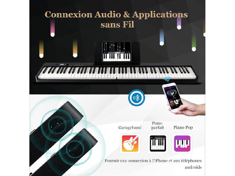 Vente Unique Piano Numérique Pliable à 88 Touches Avec Pupitre Clavier Electrique Portable Avec Touche Lumineuse 2 Modes D'Apprentissage MP3/USB/MIDI 3 Ans+ Noir