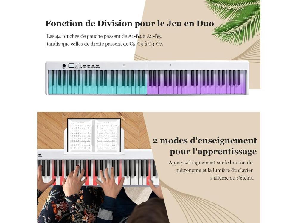 Vente Unique Piano Numérique Pliable à 88 Touches Avec Pupitre 2 Modes D'Apprentissage MP3/USB/MIDI 126x20 5x6cm Blanc