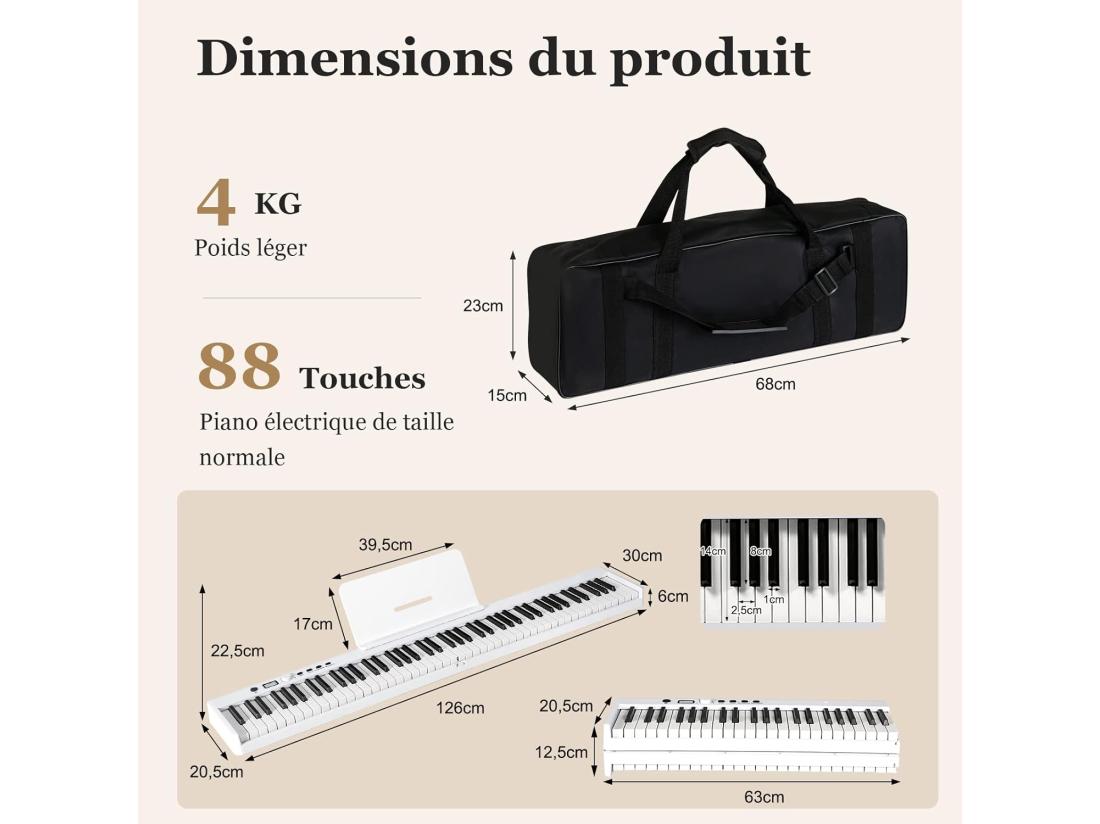 Vente Unique Piano Numérique Pliable à 88 Touches Avec Pupitre 2 Modes D'Apprentissage MP3/USB/MIDI 126x20 5x6cm Blanc