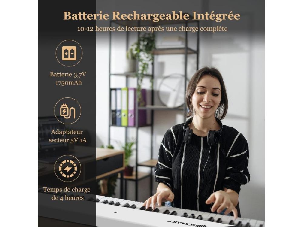 Vente Unique Piano Numérique Pliable à 88 Touches Avec Pupitre 2 Modes D'Apprentissage MP3/USB/MIDI 126x20 5x6cm Blanc