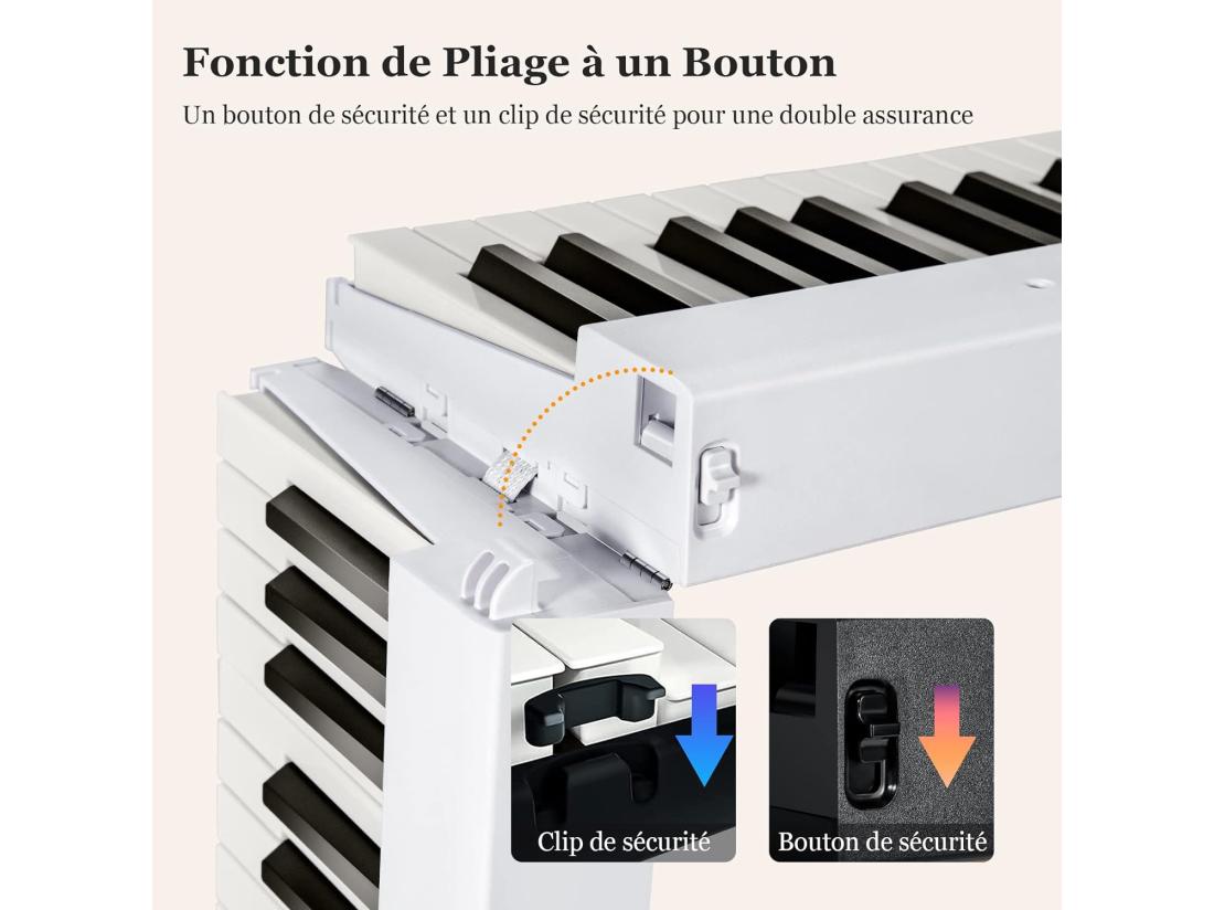 vente unique Piano Numérique Pliable à 88 Touches avec Pupitre 2 Modes d'Apprentissage MP3/USB/MIDI 126x20 5x6cm Blanc