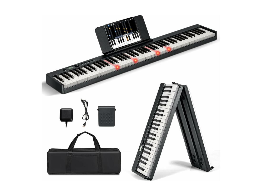 vente unique Piano Numérique Pliable à 88 Touches avec Pupitre Clavier Electrique Portable avec Touche Lumineuse 2 Modes d'Apprentissage MP3/USB/MIDI 3 Ans+ Noir