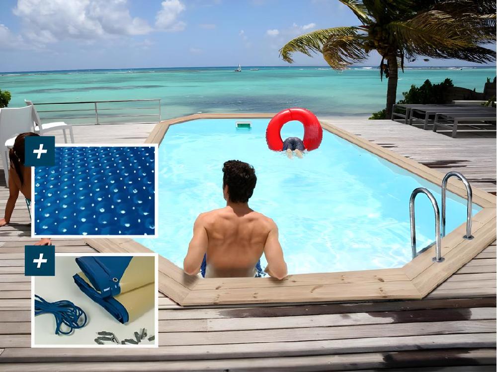 vente unique Piscine bois " Cordoue " - 3.48 x 2.15 x 1.18 m + Bâche à bulles 180 µ - Bâche hiver 280 g/m²