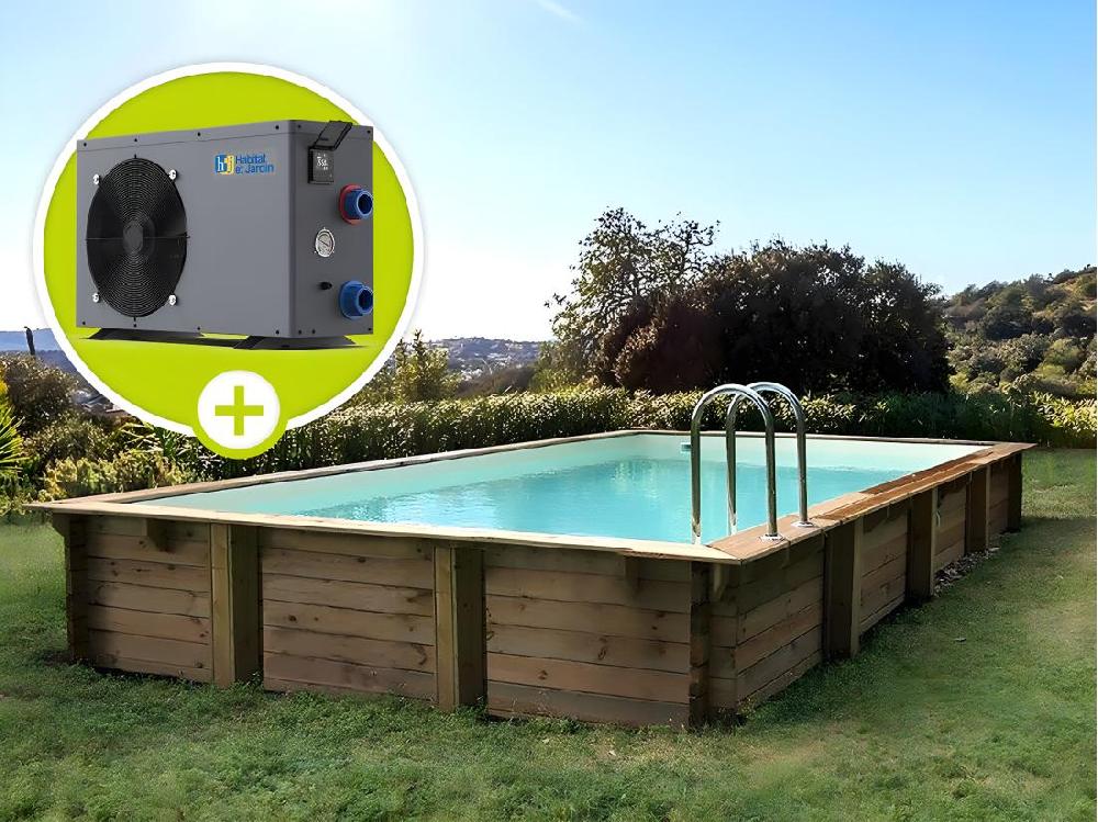 Vente Unique Piscine Bois En Kit Rectangle " Tampa 145 " - 7.20 X 4.20 X 1.44 + Pompe à Chaleur - Puissance 6.1 KW