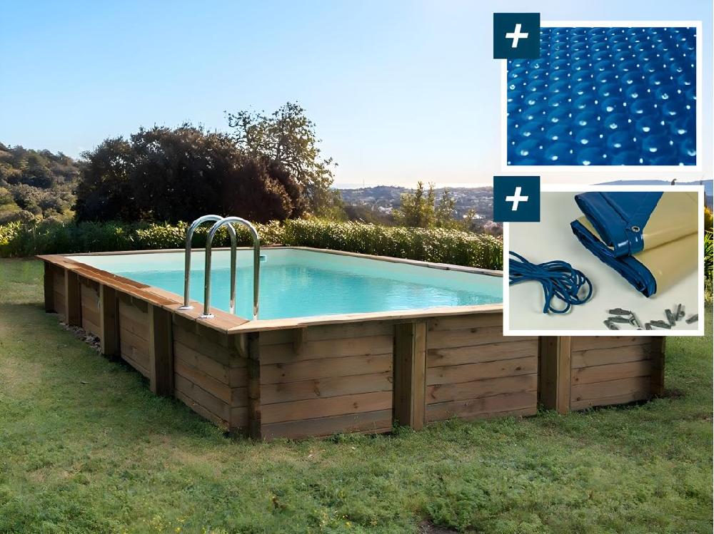 vente unique Piscine bois en kit rectangle " Tampa 145 " - 7.20 x 4.20 x 1.44 m - Bâche à bulles 400 µ - Bâche hiver 280 g/m²