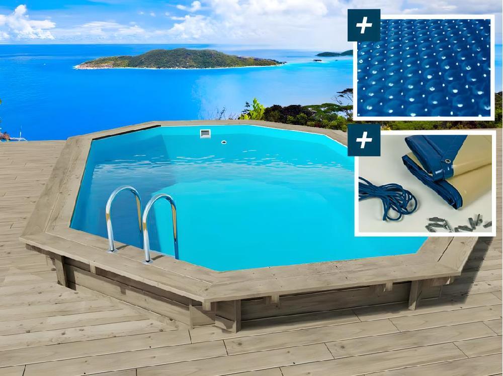 vente unique Piscine bois " Miami 120 " - 4.86 x 3.36 x 1.20 m + Bâche à bulles 180 µ + Bâche hiver 280 gr/m²