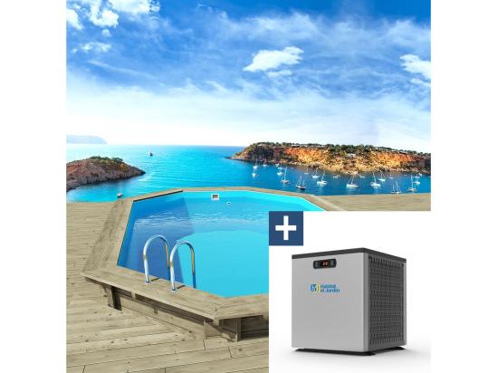 Vente Unique Piscine Bois " Miami 130 " - 4.86 X 3.36 X 1.30 M + Mini Pompe à Chaleur - Puissance 3.5 Kw
