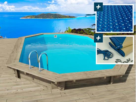 vente unique Piscine bois " Miami 145 " - 4.86 x 3.36 x 1.45 m + Bâche à bulles 180 µ + Bâche hiver 280 gr/m²