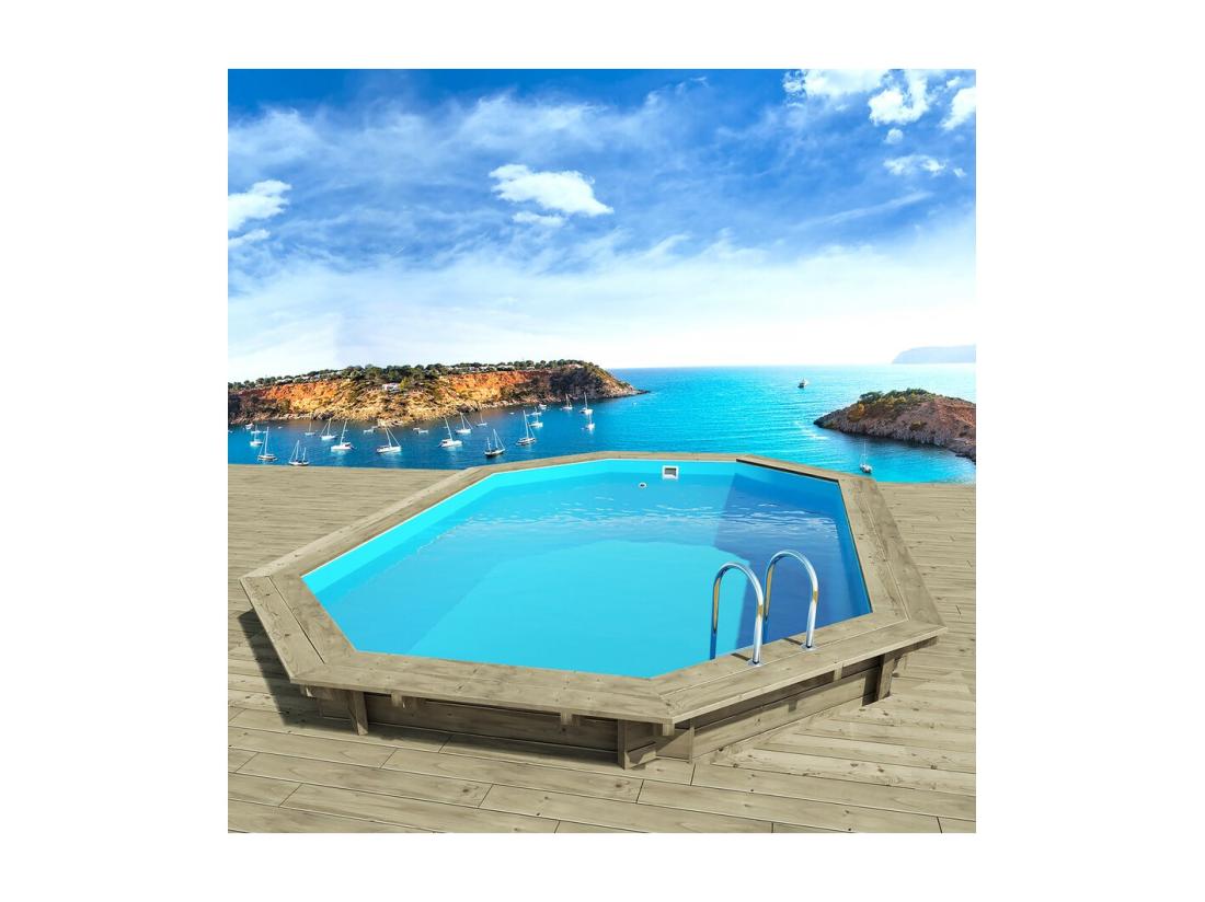 Vente Unique Piscine Bois " Miami 145 " - 4.86 X 3.36 X 1.45 M + Mini Pompe à Chaleur 3.5kW - Métal - Gris