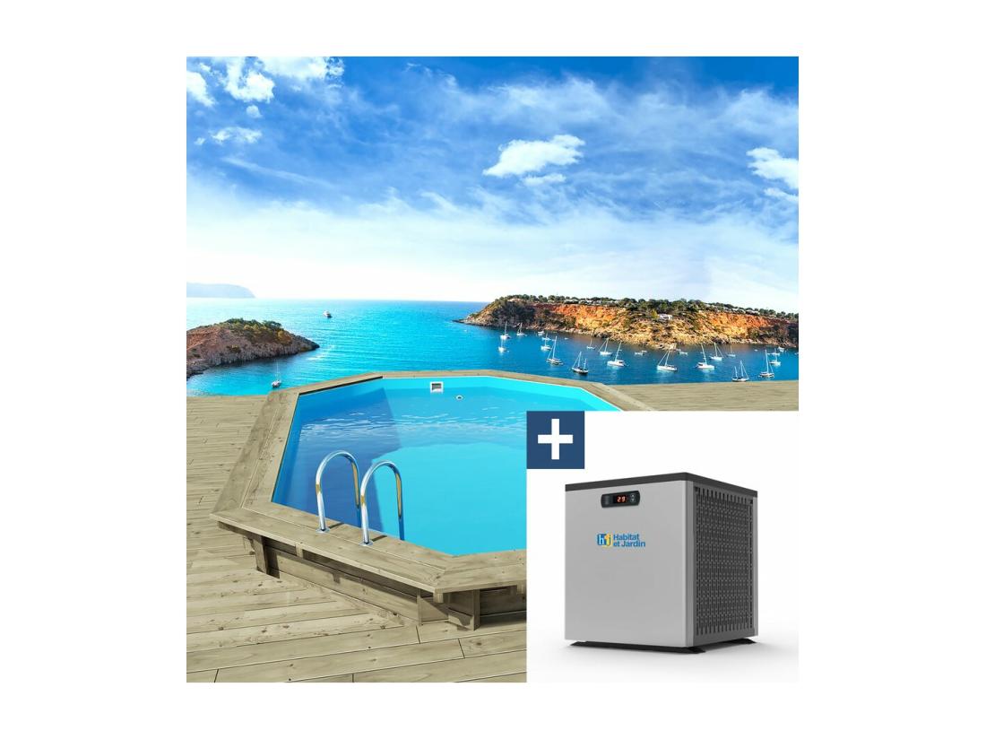 vente unique Piscine bois " Miami 145 " - 4.86 x 3.36 x 1.45 m + Mini pompe à chaleur 3.5kW - Métal - Gris