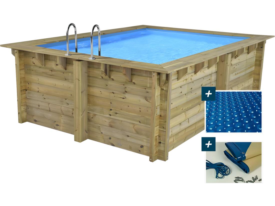 Vente Unique Piscine Bois Rectangle " Caimans " - 4.10 X 3.00 X 1.24 M + Bâche à Bulles 180 µ - Bâche Hiver 280 G/m²