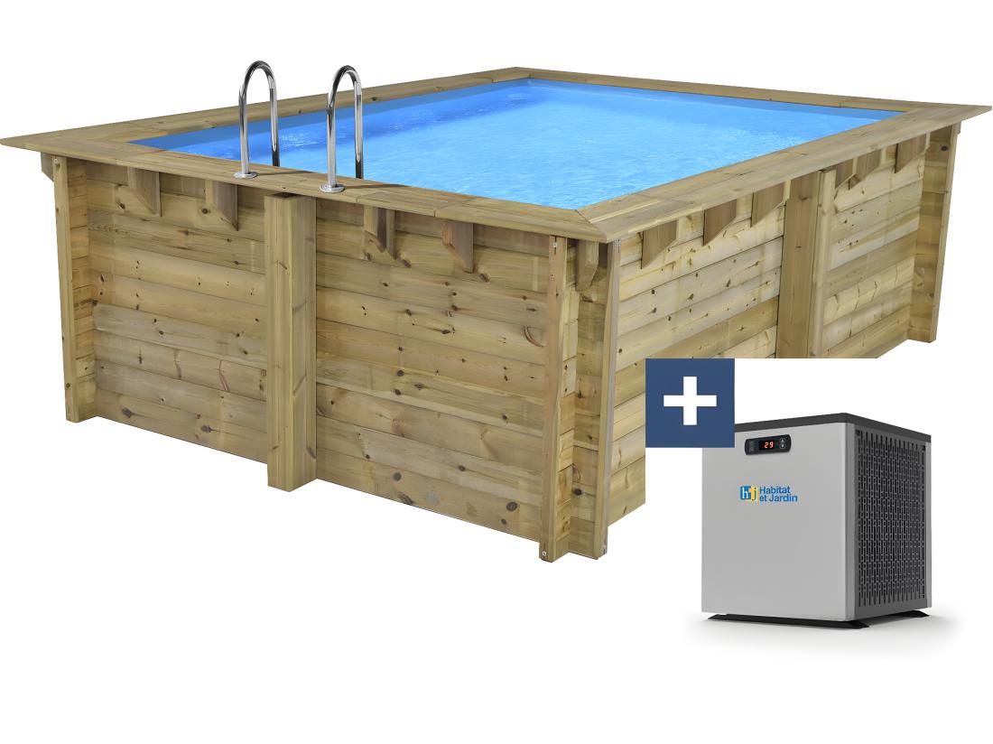 vente unique Piscine bois rectangle " Caimans " - 4.10 x 3.00 x 1.24 m + Mini pompe à chaleur 3.5kW - Métal - Gris