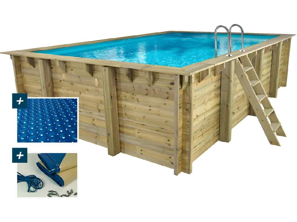 Vente Unique Piscine Bois Rectangle " Panama "- 6.20 X 4.10 X 1.45 M + Bâche à Bulles 180 µ - Bâche Hiver 280 G/m² +