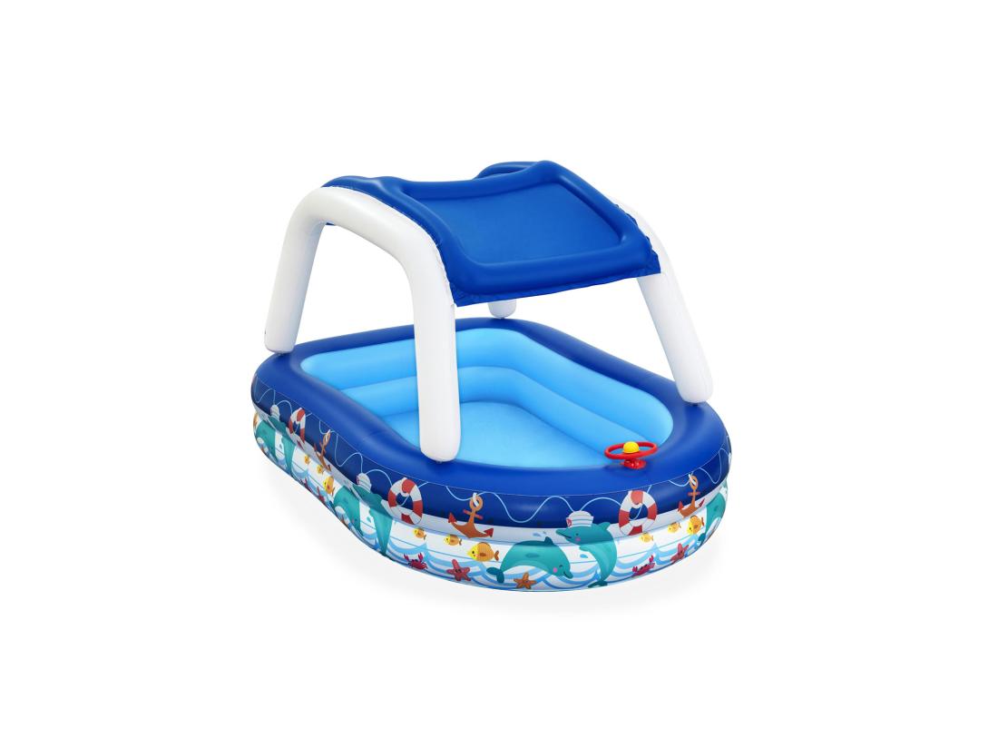 vente unique Piscine Gonflable pour Enfants Bestway 213x155x132 cm Bateau Bleu avec Auvent et Gouvernail Sonnette Plus de 3 ans