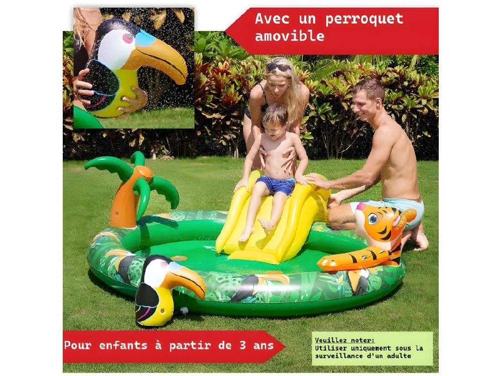 Vente Unique Piscine Gonflable Pour Enfants Toboggan De Piscine - 182x165x62 Cm Piscine Hors Sol Design Jungle- Parc Aquatique