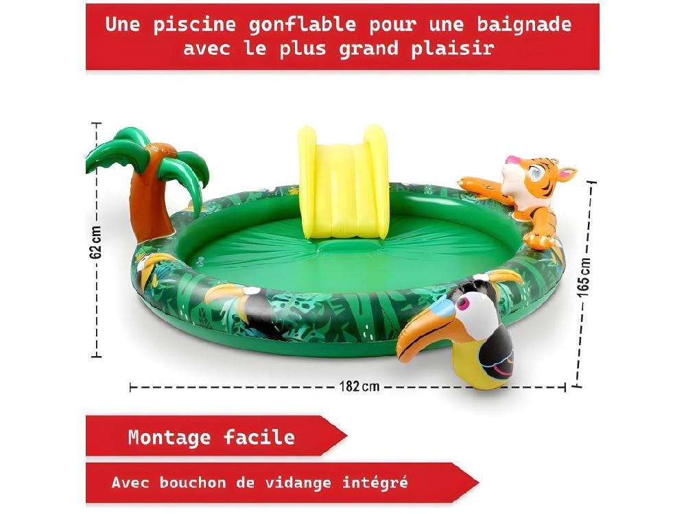 Vente Unique Piscine Gonflable Pour Enfants Toboggan De Piscine - 182x165x62 Cm Piscine Hors Sol Design Jungle- Parc Aquatique