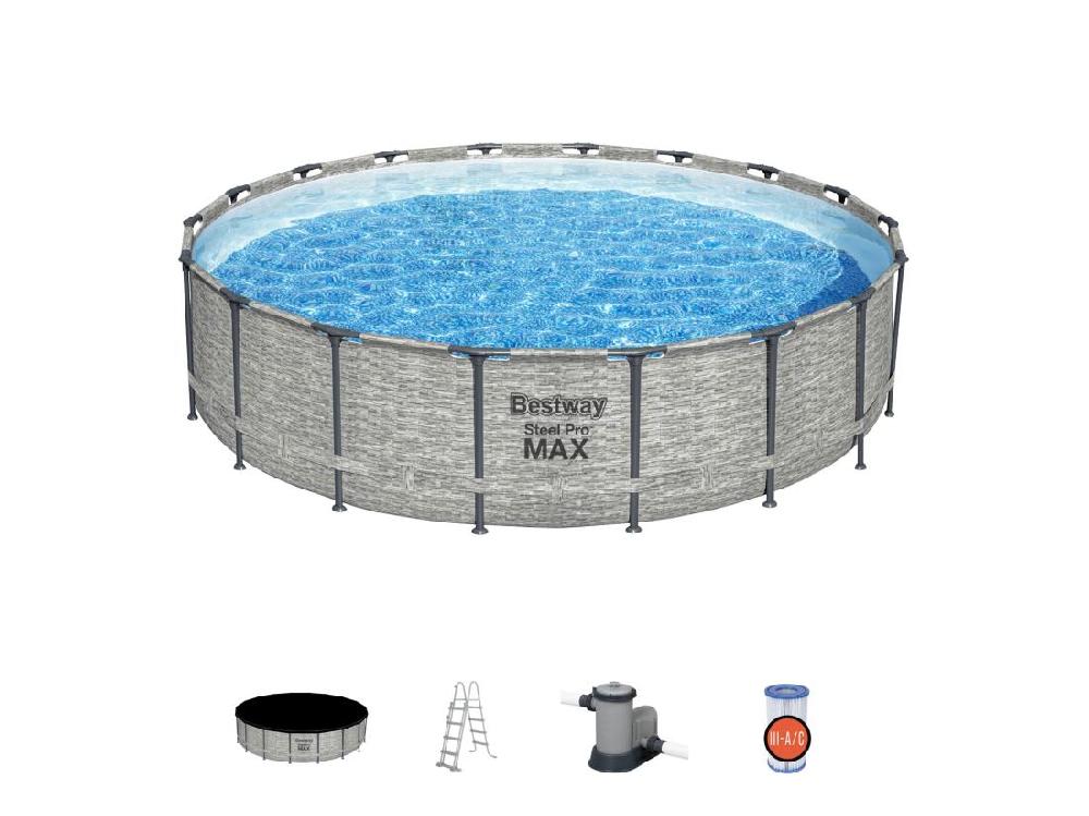 Vente Unique Piscine Hors Sol Tubulaire Bestway Steel Pro Max Design Pierre Ø549x122 Cm Épurateur à Cartouche 5.678L/H Bâche Échelle