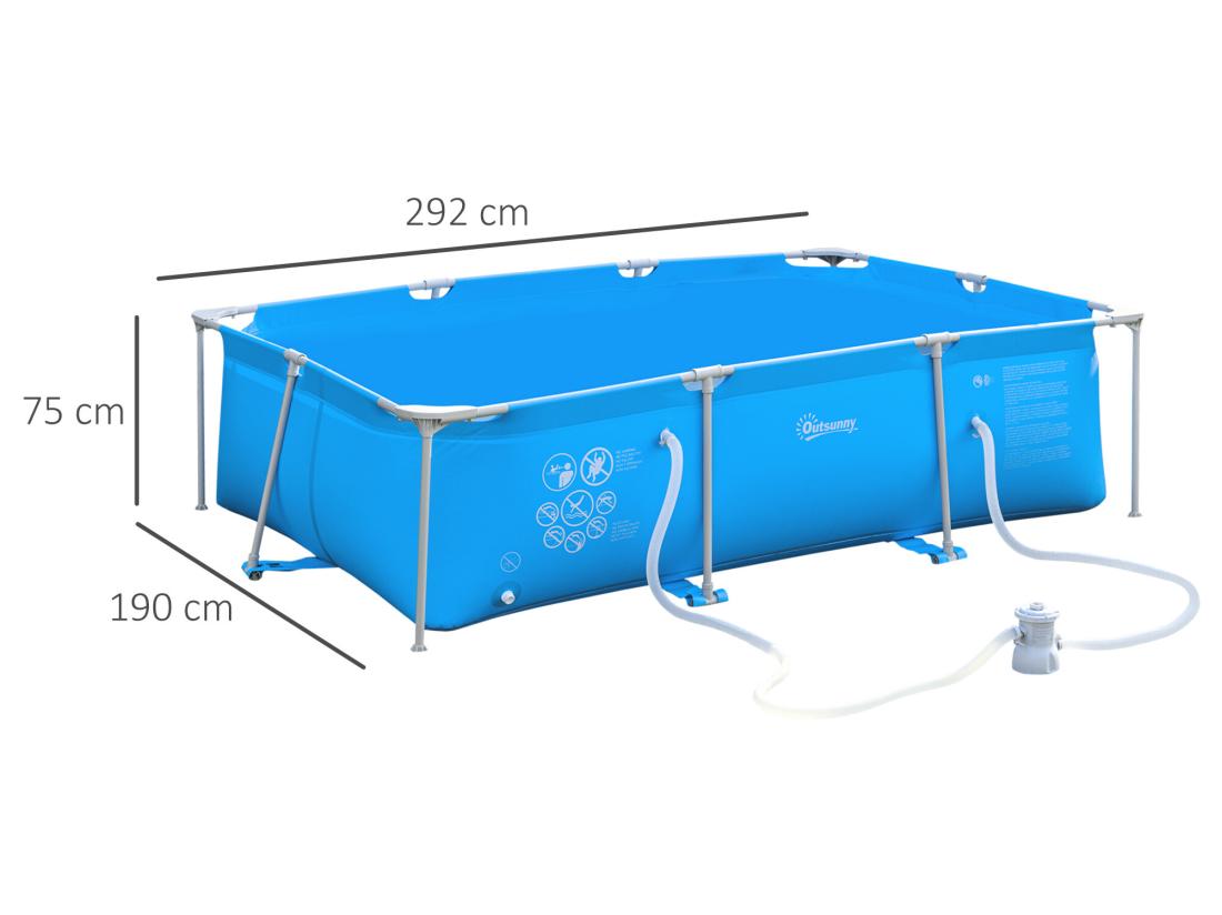 vente unique Piscine tubulaire hors sol rectangulaire cadre en métal avec filtre 292L x 190l x 75H cm bleu