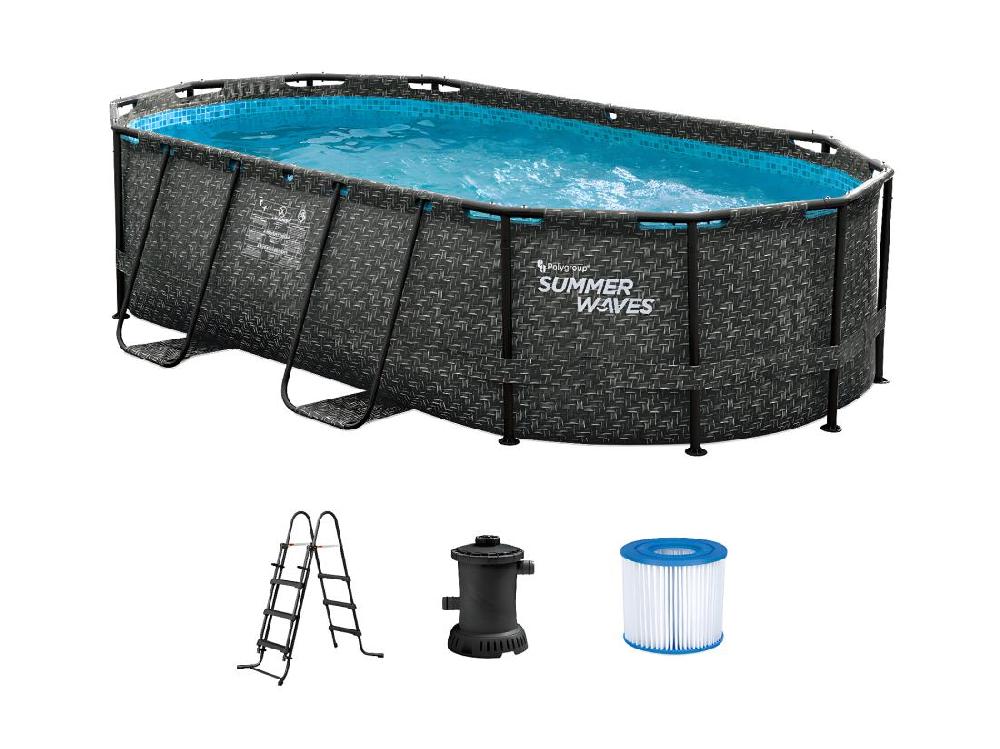 Vente Unique Piscine Tubulaire Ovale Effet Chevrons Gris Foncé Avec Pompe Filtrante à Cartouche - L424 X P250 X H100 Cm - SALAMANQUE