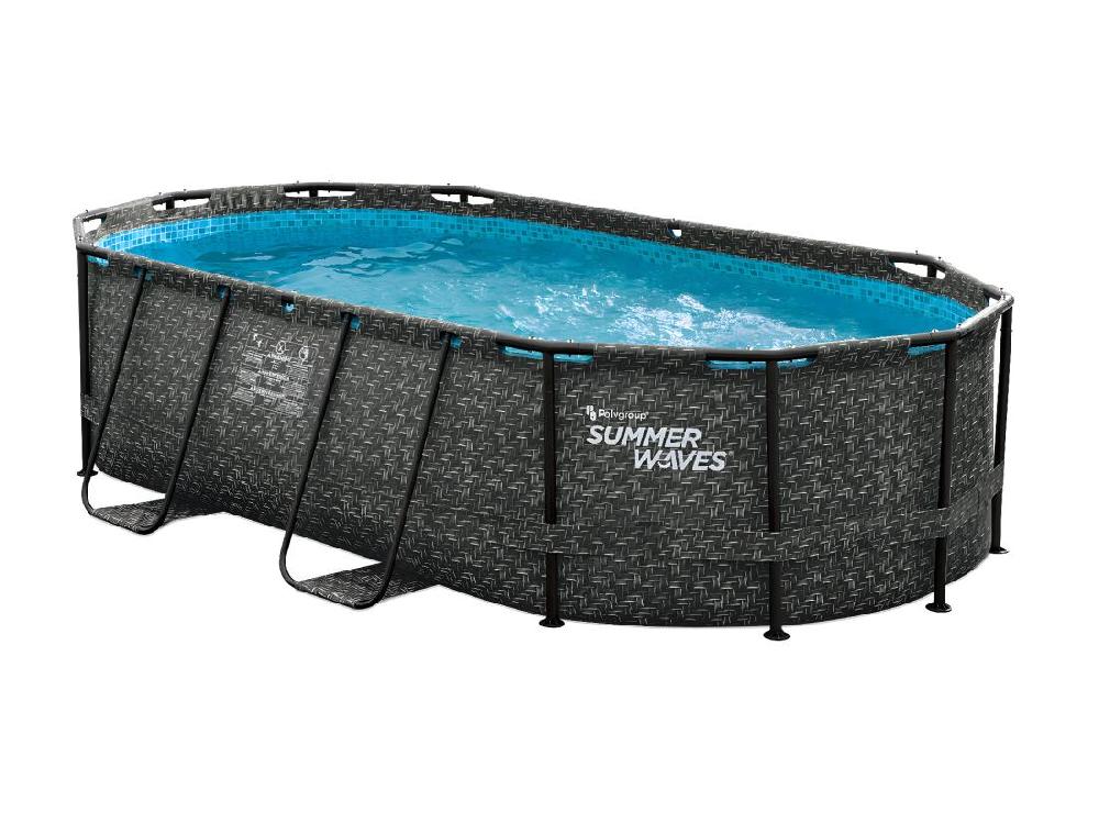 Vente Unique Piscine Tubulaire Ovale Effet Chevrons Gris Foncé Avec Pompe Filtrante à Cartouche - L424 X P250 X H100 Cm - SALAMANQUE