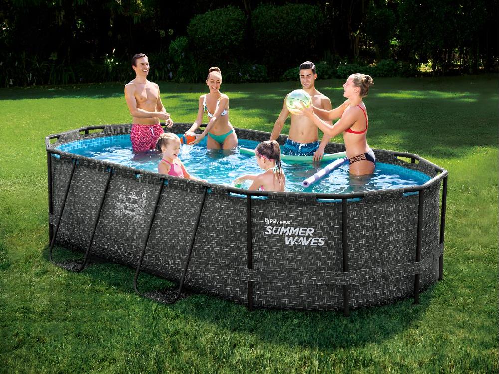 vente unique Piscine tubulaire ovale effet chevrons gris foncé avec pompe filtrante à cartouche - L424 x P250 x H100 cm - SALAMANQUE