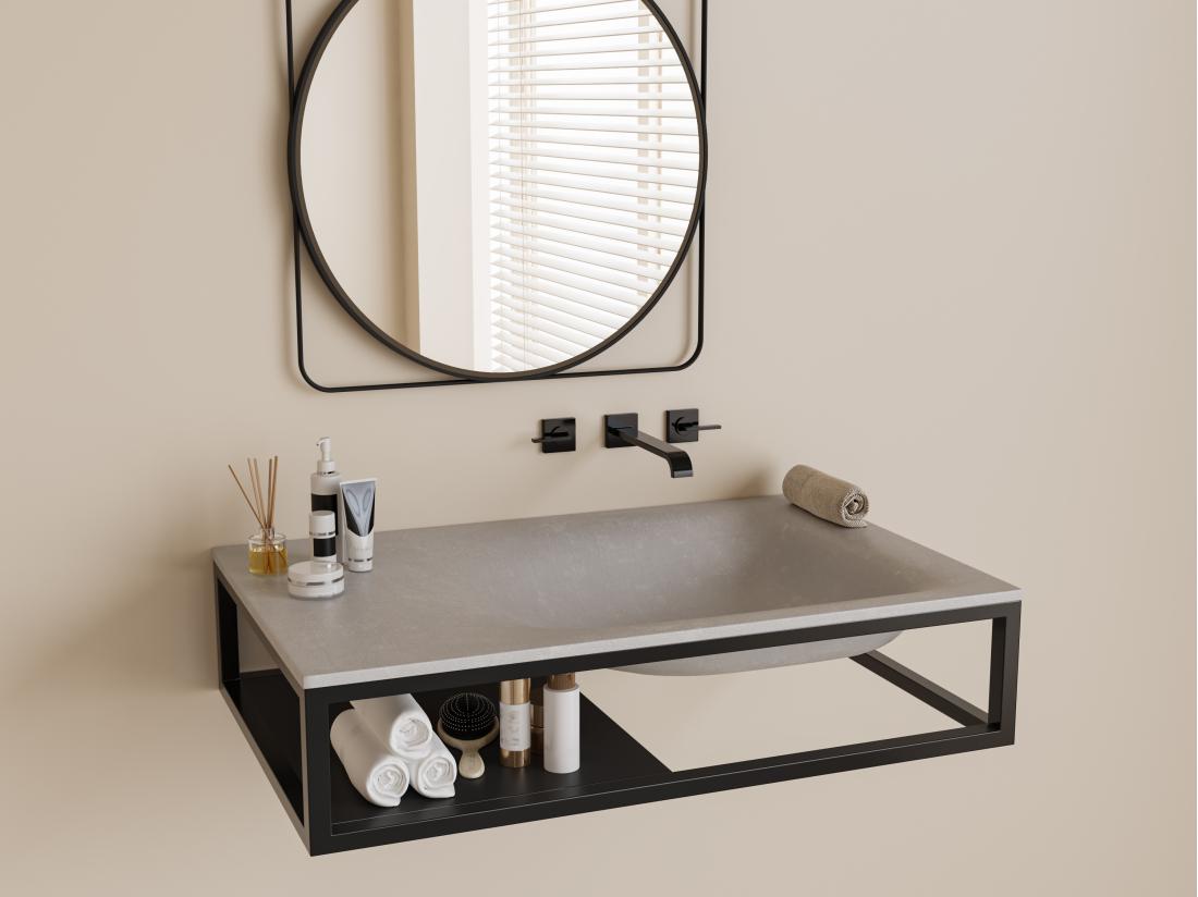 vente unique Plan vasque rectangulaire en béton et acier inoxydable - Gris et noir - L61 x H39 cm - TICINO