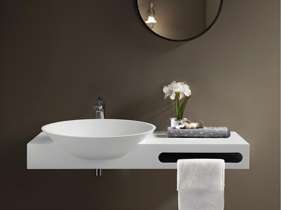 vente unique Plan vasque suspendu en solid surface avec porte serviettes - Blanc - L100 x l54 x H20 cm - YUMIKO