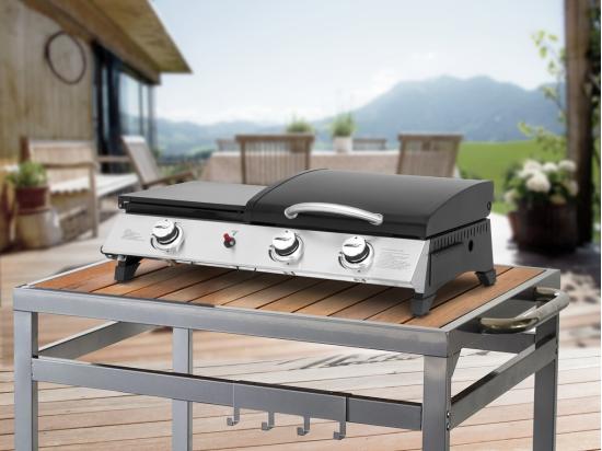 Vente Unique Plancha Gaz Avec Couvercle "Rasio" - 7.5 KW - 3 Brûleurs - Noir